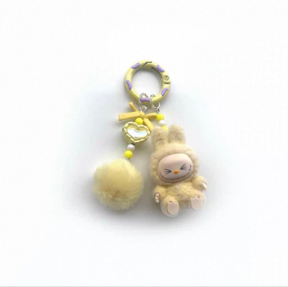 Labubu Plush Sherling Keychain – Pom-Pom & Bead Charm Accessory